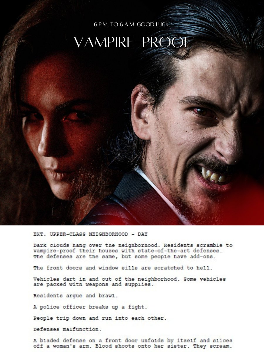 ScreenwriterMaV's tweet image. Page 1 of my Horror Action feature #screenplay and early poster 🔪 🔫 🧛♂️ 🧛♀️ #FirstPageFriday #SpecScript #Horror #HorrorFam #HorrorCommunity #HorrorTwitter #Vampire