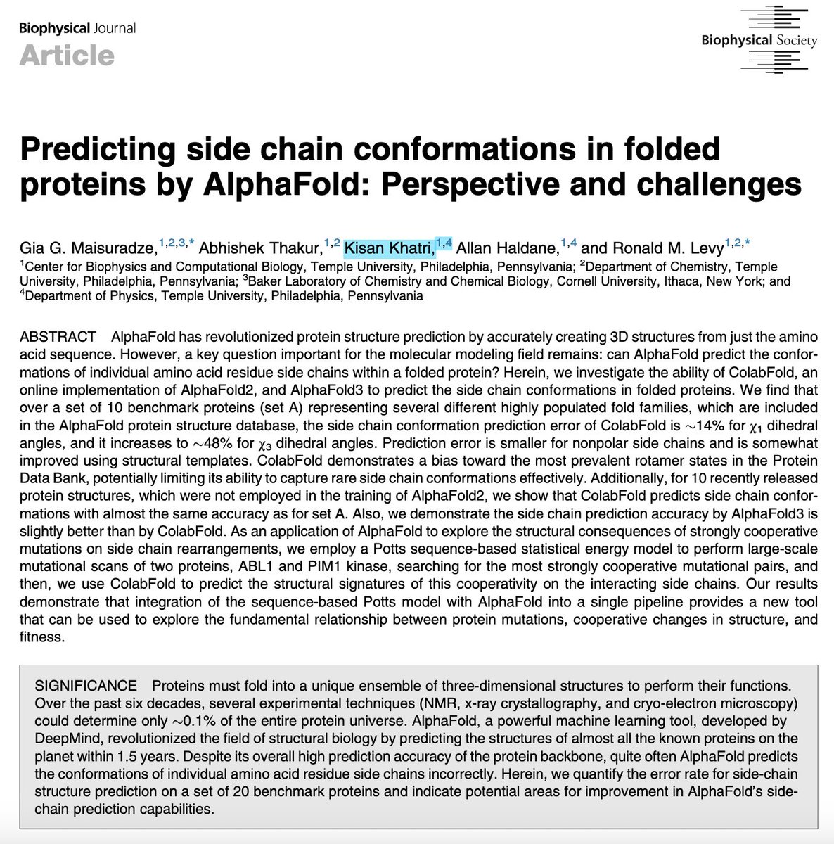 KisanKhatri3's tweet image. Excited to share that my PhD collaborative work is published in Biophysical Journal (Q1). 

We combined Potts model &amp;amp; AlphaFold to study protein side-chain predictions &amp;amp; mutational cooperativity.    
Read: authors.elsevier.com/a/1lvGA1SPTBhSL 

#AlphaFold #PottsModel #AIModels