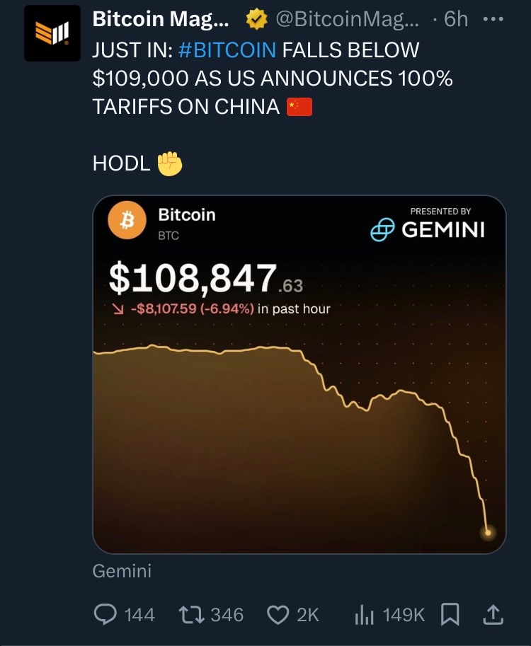 Nothing to worry about, blame it on tariffs. 🤡🤡🤡

Ignore V30
Ignore Core vs Knots 
Ignore rolling icebergs 
Ignore Craig
Ignore BSV
Ignore BTC uselessness 
Ignore hijacking Bitcoin
Ignore woke BTC devs

Bitcoin magazine is a sad pathetic psyop influencer for the gullible.