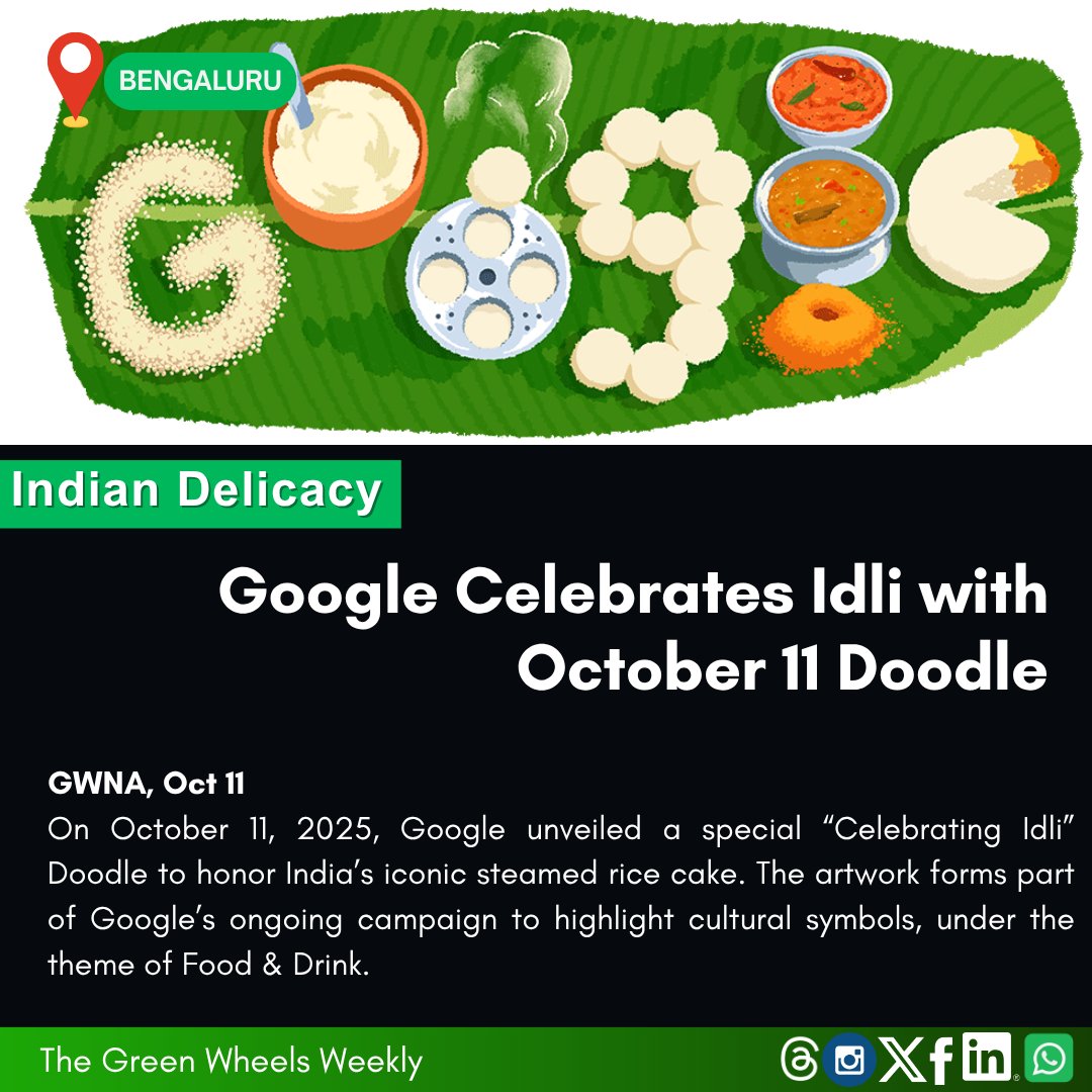 GreenWheels22's tweet image. Google’s October 11 Doodle pays tribute to Idli, India’s beloved breakfast staple, bringing cultural flavor to the digital canvas. The Doodle, classified under Food &amp;amp; Drink, aligns with Google’s tradition of celebrating local heritage and cuisine. #idli #googledoodles