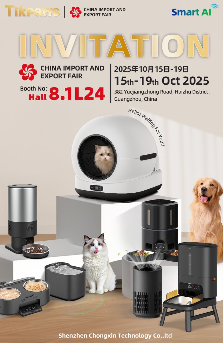 Tikpaws_pet's tweet image. Tikpaws is coming to #CantonFair2025! 🎉
Join us at Hall 8.1L24 (Oct 15–19, Guangzhou) and explore our latest Smart AI Pet Care innovations — smart litter box, feeder &amp;amp; fountain 🐾
#Tikpaws #SmartPetTech #PetProducts #GuangzhouFair