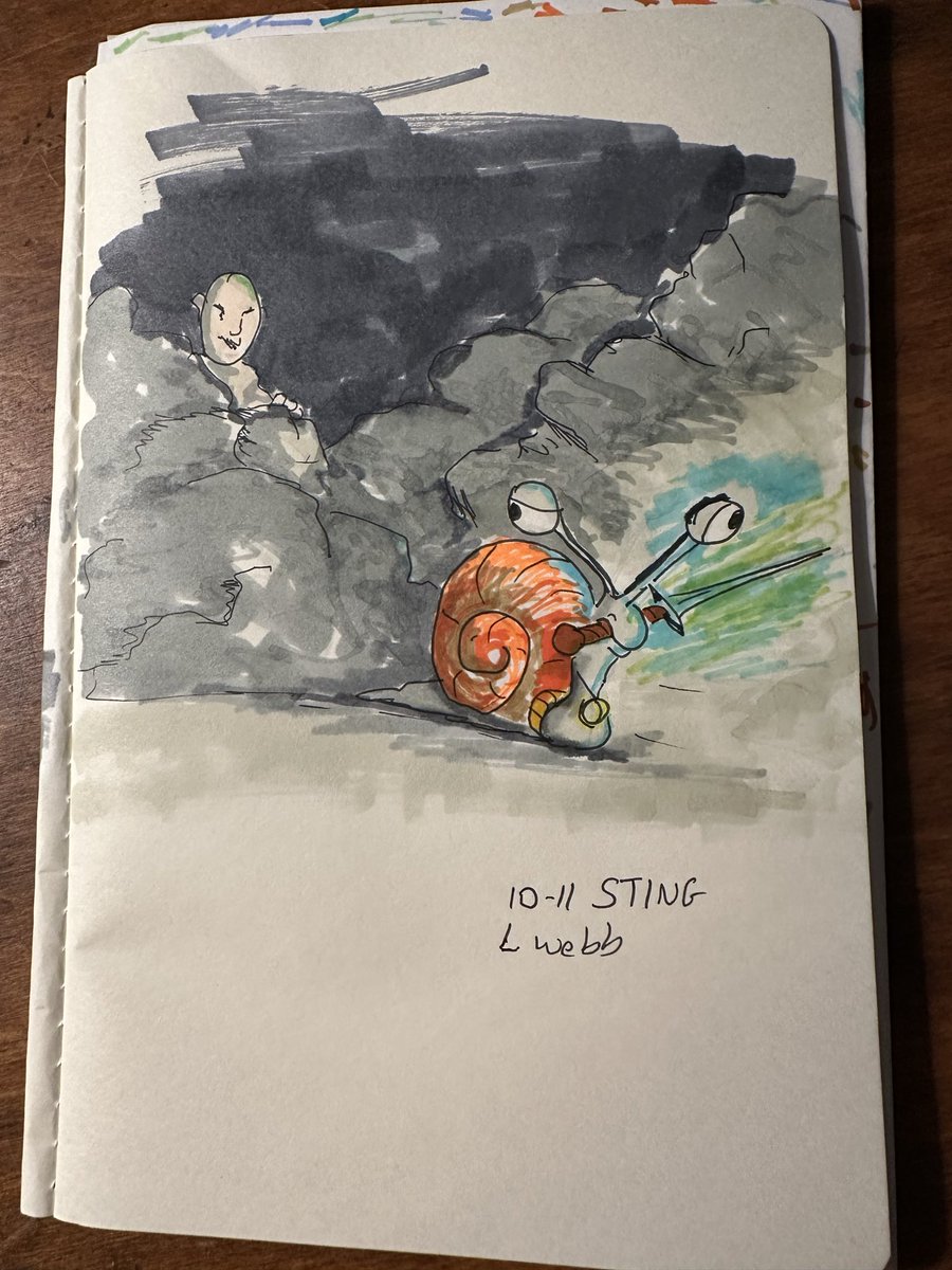 MLWebb's tweet image. #inktober2025Day 11: Sting
I debated about this prompt. Should Snevel have an encounter with a wasp? Maybe draw a snail version of Sing singing with Police? Then I thought of Bilbo Baggins’ sword he named Sting after he vanquished giant spiders. It glows when Orcs are present.