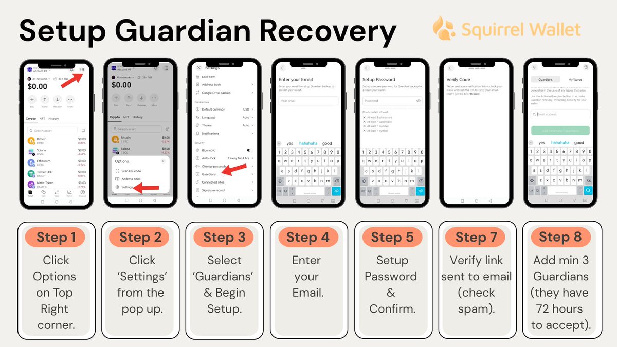 sterlingco_12's tweet image. you know how most wallets still make you memorize those 12–24 word seed phrases?
lose it once and you’ve basically lost everything.

@squirrel_wallet ( $NUTS ) actually fixed that.

they came up with “guardian recovery.”

instead of stressing over seed phrases, you just pick…