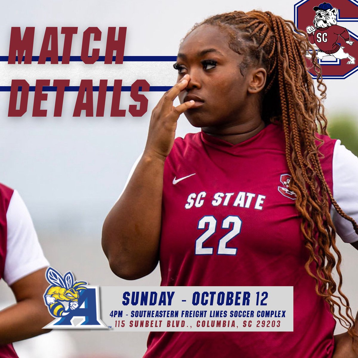 South Carolina State University Women’s Soccer (@scstatewsoc) on Twitter photo Headed to the Capital City on Sunday 🐶 
🆚 Allen University 
🗓️ Sunday, October 12
⏰ 4PM
🏟️ SEFL Soccer Complex
📍 115 Sunbelt Blvd., Columbia, SC 29203
#makeaSTATEment🐾 | <a href="/SCStateAthletic/">SC State Athletics</a> Headed to the Capital City on Sunday 🐶 
🆚 Allen University 
🗓️ Sunday, October 12
⏰ 4PM
🏟️ SEFL Soccer Complex
📍 115 Sunbelt Blvd., Columbia, SC 29203
#makeaSTATEment🐾 | <a href="/SCStateAthletic/">SC State Athletics</a>