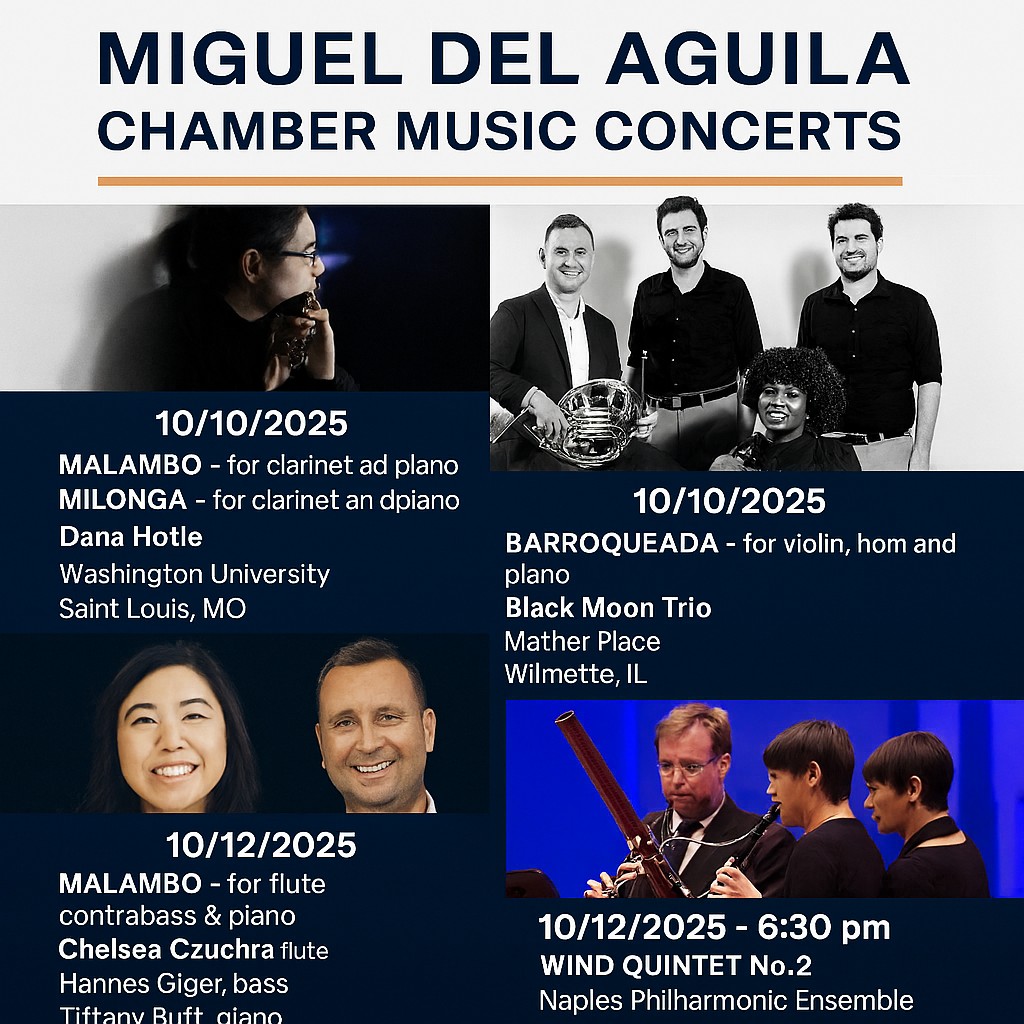 🎶✨  Four chamber music #concerts featuring #MigueldelAguila’s #music this weekend in the U.S. and Switzerland. Join us for vibrant performances of #Malambo, #Milonga, #Barroqueada, and #WindQuintetNo2 - info: migueldelaguila.com