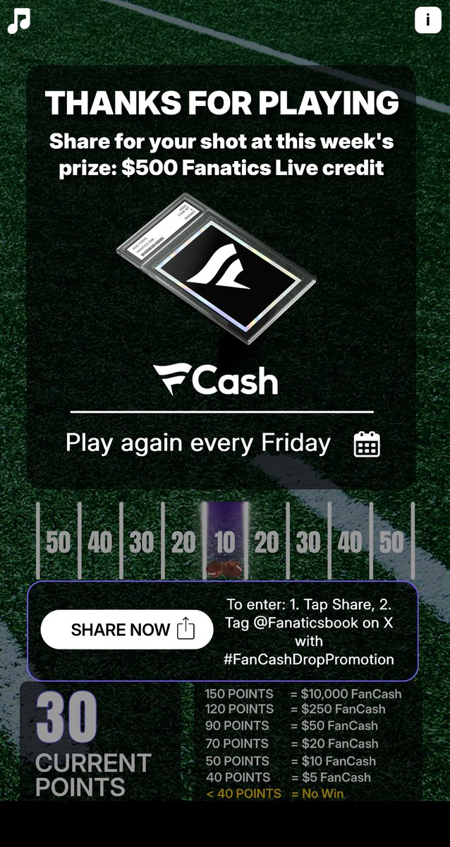Play the #FanCashDropPromotion today

Few week in a row of no luck here hopefully x comes to the rescue  fanatics.onelink.me/5kut/p6fykbjo