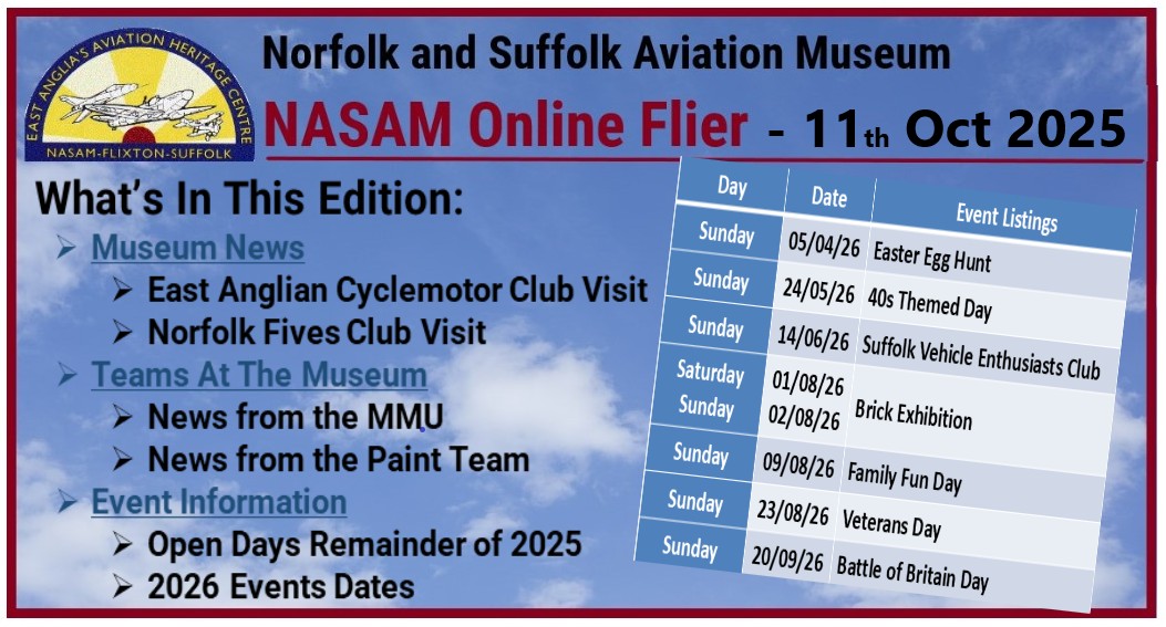 𝗡𝗼𝗿𝗳𝗼𝗹𝗸 𝗮𝗻𝗱 𝗦𝘂𝗳𝗳𝗼𝗹𝗸 𝗔𝘃𝗶𝗮𝘁𝗶𝗼𝗻 𝗠𝘂𝘀𝗲𝘂𝗺 𝗕𝗟𝗢𝗚
In this edition, photos of visitors, updates from the MMU and Paint Team, open days for rest of 2025 and some provisional event days in 2026.

➡️ For more info, go direct to: wp.me/p8UmsH-7ec