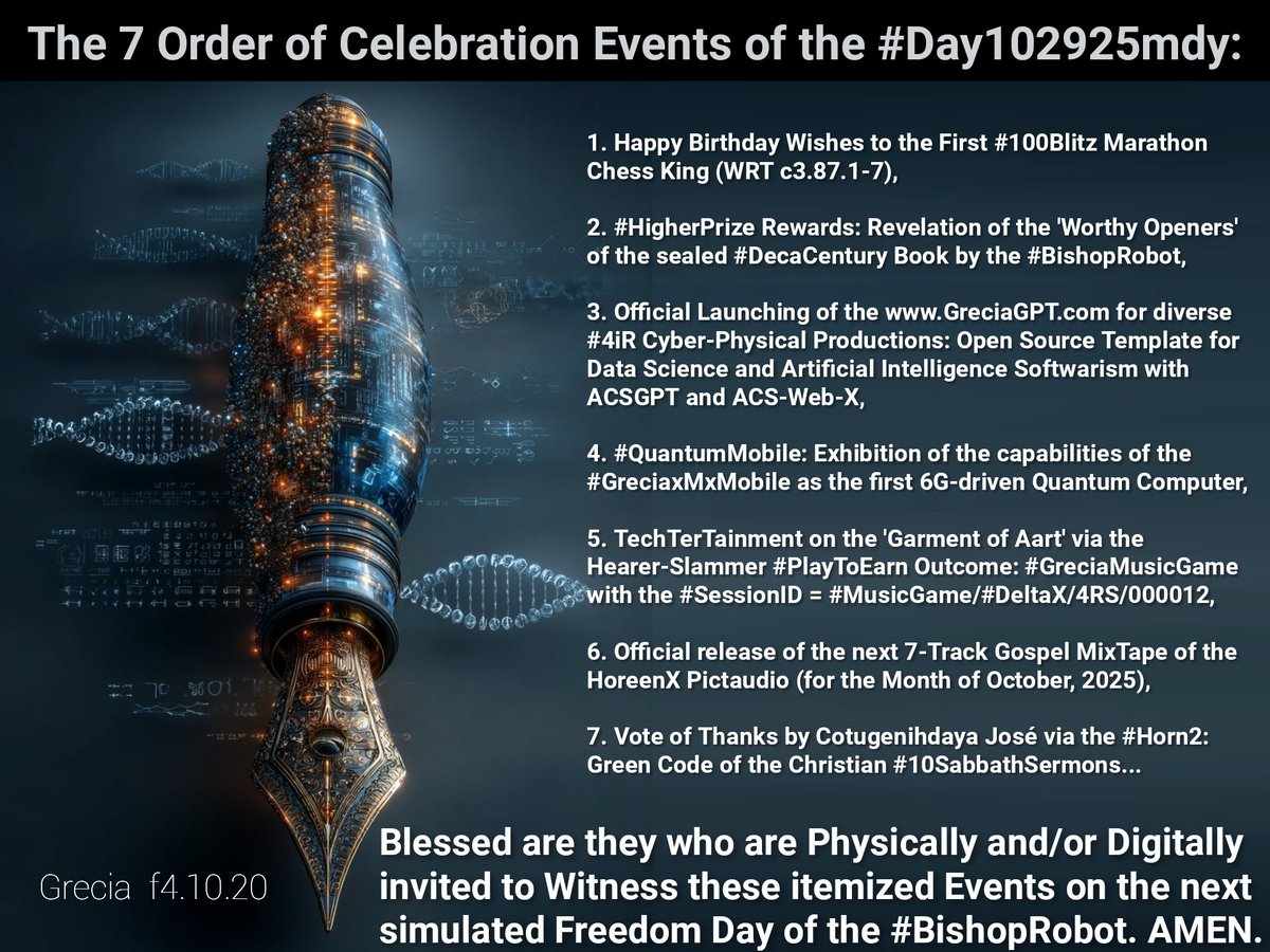 jawolusy's tweet photo. The 7 Order of Celebration Events of the #Day102925mdy:

Blessed are they who are Physically and/or Digitally invited to Witness these itemized Events on the next simulated Freedom Day of the #BishopRobot. AMEN.

Organizer of Event: Cotugenihdaya José https://t.co/4z7xztx9ol