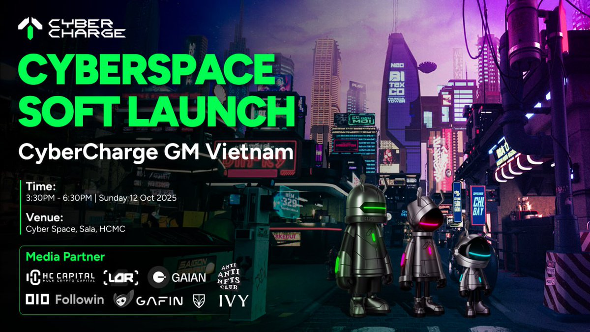 lorrxyz's tweet image. ⚡️ CyberSpace Soft Launch ⚡️
Excited for @CyberChargeWeb3's launch of CyberSpace, bridging real-world charging with onchain infrastructure!
📅 Date: Sunday, Oct 12, 2025
🕞 Time: 3:30 PM (UTC+7)
📍 Location: Sala, Thu Duc, HCMC
🎟️ Register Link: luma.com/8n5j803j
Join…