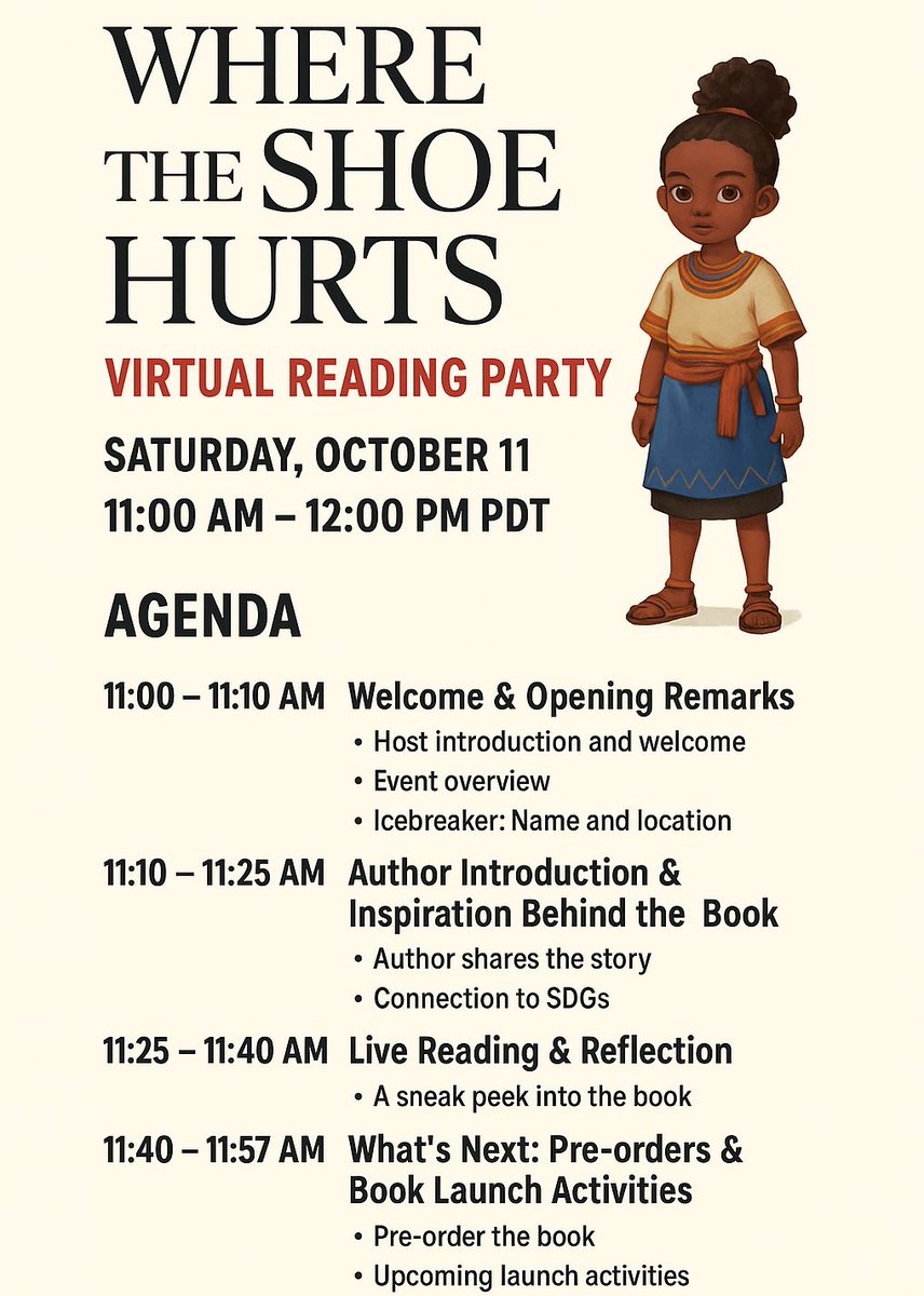 __kucheli's tweet photo. 👣 Happening TODAY! Join me for the Where the Shoe Hurts Virtual Reading Party 📚✨

📖 Sneak peek into the book 💬 Author Q&amp;A 🌍 Connect with change-makers &amp; SDG champions

🕚 11AM PDT 🔗 https://t.co/Hj4vlGuduu
 🌐 https://t.co/whWwO4QZib

#ReadingParty #BookLaunch https://t.co/f1ZyZxUBWh