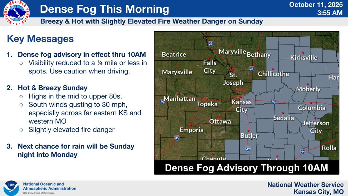 Dense fog will affect the area this morning reducing visibility to 1/4 mile or less. Use caution when travelling this morning. Fog should dissipate by 10am with warm conditions expected this afternoon with highs in the mid 70s to lower 80s.