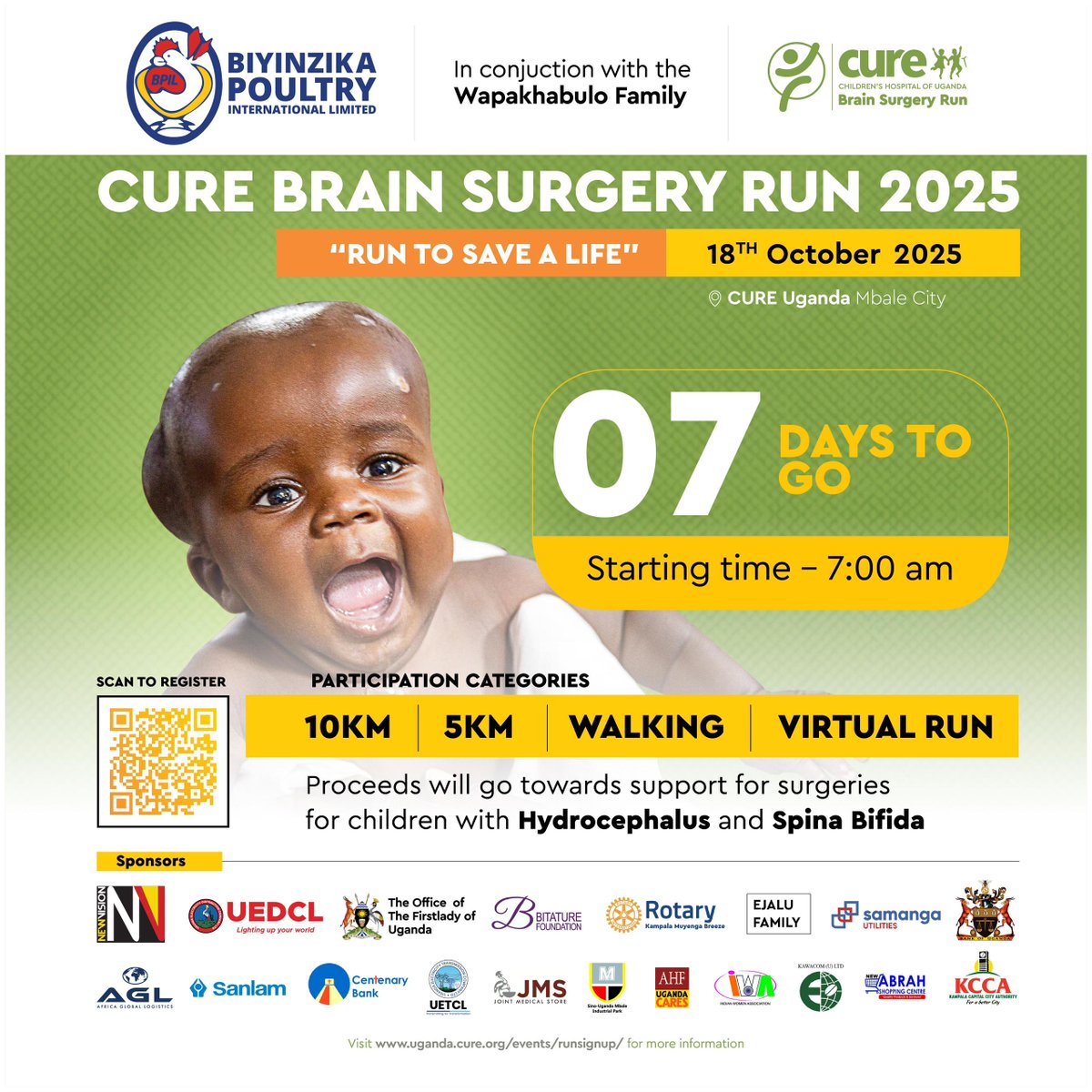 07 days until the 9th Annual CURE Brain Surgery Run Mbale, Oct 18, 2025! Every step helps fund life-saving neurosurgeries for vulnerable children. 

Be part of a miracle — Register now: bit.ly/4ndlXJY  

#CURErun25 #RunToSaveALife #BPIL #Kiyinzika