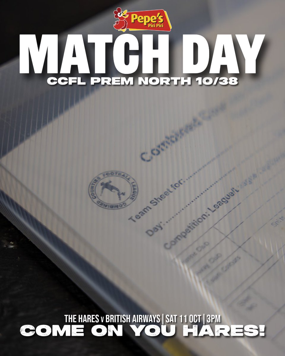 CCFL PREM NORTH 1️⃣0️⃣/3️⃣8️⃣

Get down to Preston Park this afternoon and show your support!

🆚 <a href="/BritishAFC/">British Airways FC</a> 
🏟️ Preston Park
📆 TODAY
🕒 3PM KO
🎟️ £8 Adults | £5 Concessions
🆓 U16s
⚽️ Sponsored by <a href="/THERussellGrant/">Russell Grant</a> 

ONLINE PROGRAMME: harefieldunited.com/news/the-hares…

🐇🔴⚫️