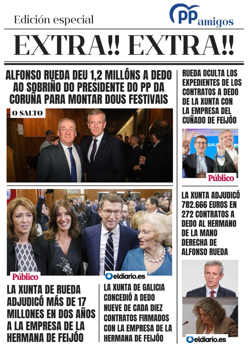 Mentres ti non podes nin pagar o aluguer e hai listas de espera até para ir ao médico de cabeceira... o PP reparte millóns de euros a dedo ás empresas de familiares e amizades con cartos de todxs 💸