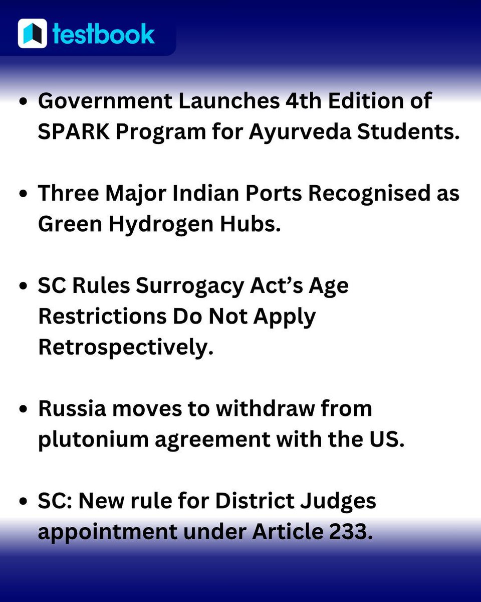 Testbook_CA's tweet image. Top 5 Morning Headlines of the Day – Must-Know for Government Exam Aspirants! 
.
. 
.
.
.
#knowledge #newsupdate #Currentaffairs #Knowlege&amp;amp;facts #2025 #SC 
[Govt. Exams, 2025, Knowledge&amp;amp;facts, Testbook, Current affairs, Russia, Surrogacy Act’s, District Judges]