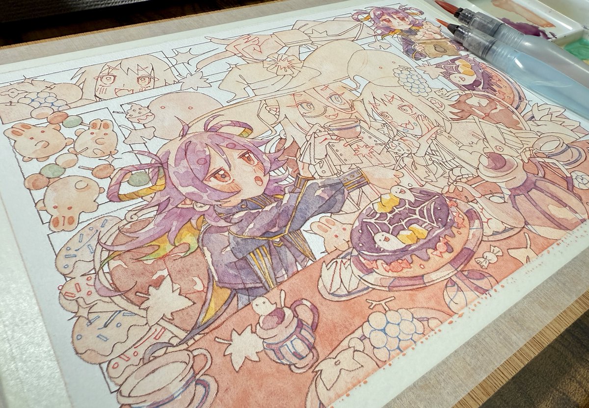 「#日常原画収穫祭2025 制作2日目です 今日は左の子(9月の子)を中心に着彩し」|日常かんぱにー🍤ｺﾐﾃｨｱ156【A04a】のイラスト