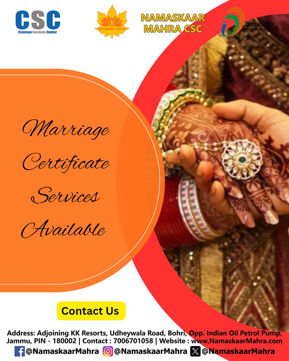 NamaskaarMahra's tweet image. Marriage Certificate Services Available 

Namaskaar Mahra CSC
Contact : 7006701058
namaskaarmahra.com
Address: Adjoining KK Resorts, Udheywala Road, Bohri,
Opp. Indian Oil Petrol Pump, Jammu, 180002

#NamaskaarMahra #CSC #CSCJammu  #TataCroma #Croma #tata