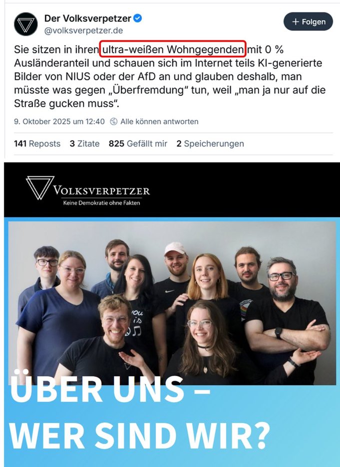 Also ich sehe nur eine ultra-weiße Redaktion mit 0% Ausländeranteil!

#Rassismus hat eben einen Namen: 

#Volksverpetzer