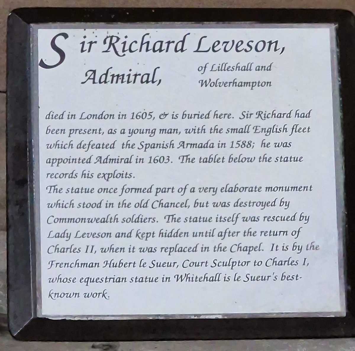 #31daysofgraves

Day 11: Military

Sir Richard Leveson 1570-1605 at St Peter Wolverhampton. 
By Hubert Le Sueur.

Here lyeth the bodye of Perfection’s glorie;
Fame’s owne worlde wonder, and the ocean’s story;
The right protector, rightful scourge of wrong..

1/2