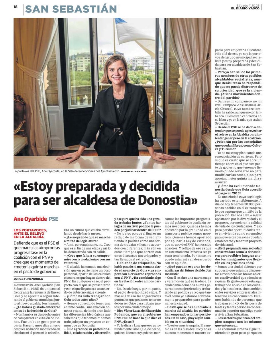 aneoyar's tweet photo. 🔴 Comparto la entrevista publicada hoy en El Diario Vasco 🗞️

Ante el relevo en la Alcaldía, reafirmo mi compromiso con Donostia. Estoy preparada y decidida para liderar esta ciudad con ambición, responsabilidad y mirada progresista. https://t.co/CJHi2wBQRH