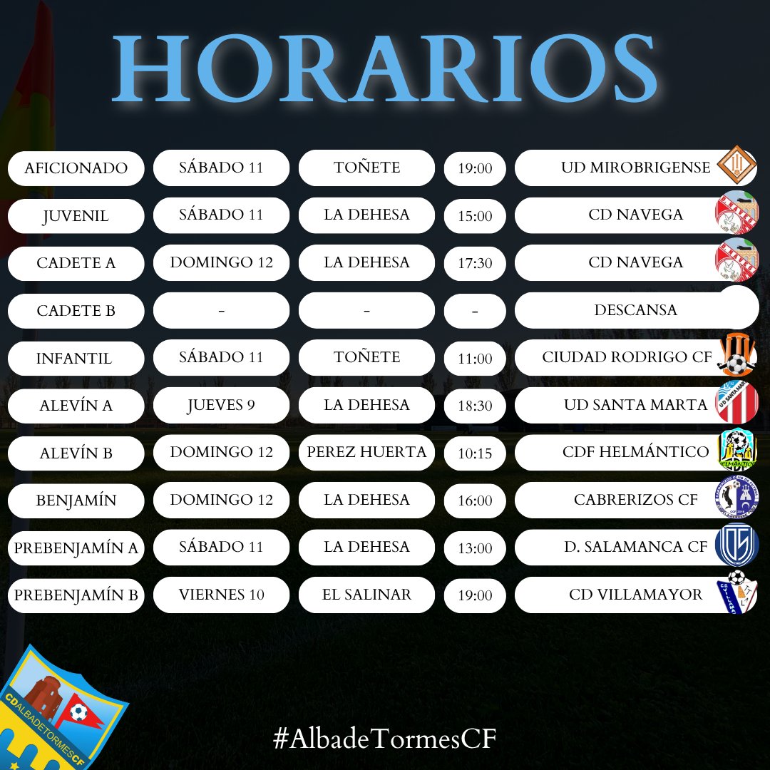 ⏰ HORARIOS | Estos son los horarios de los partidos de este fin de semana, primero de competición para nuestro primer equipo.

👉 En los partidos adelantados el Alevín A cayó por 1-3 y el Prebenjamín B también salió derrotado por +5-3.

¡Vamos Blancos! 🤍

#albadetormescf
