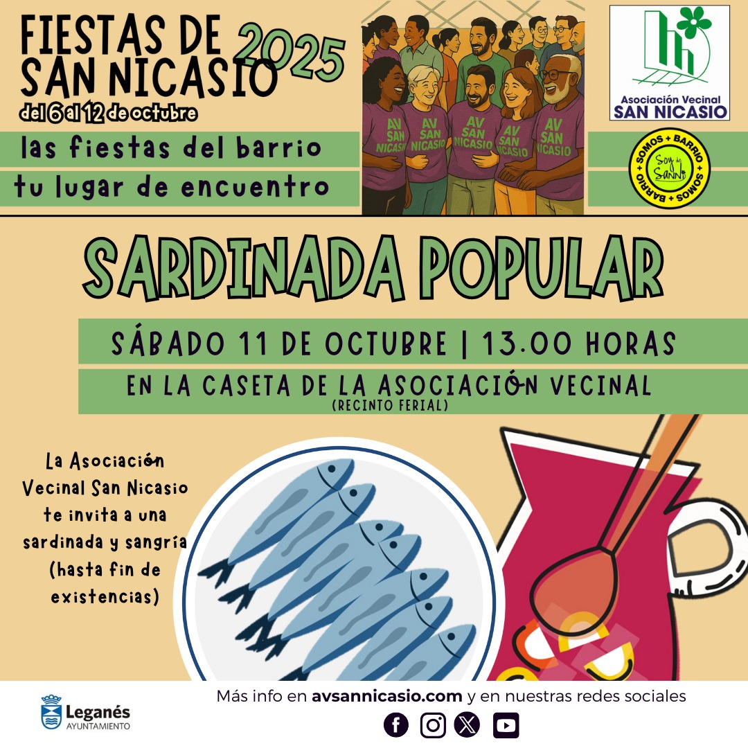 #FiestasDeSanni2025

Hoy SARDINADA, a las 13.00 en nuestra caseta del recinto ferial.

No lo dudes y pásate a compartir un buen rato entre los vecinos y vecinas, charlar y probar las sardinas con un vasito de sangria.

Te esperamos.

#SoyDeSanni
#HaciendoBarrio

Más info  👇