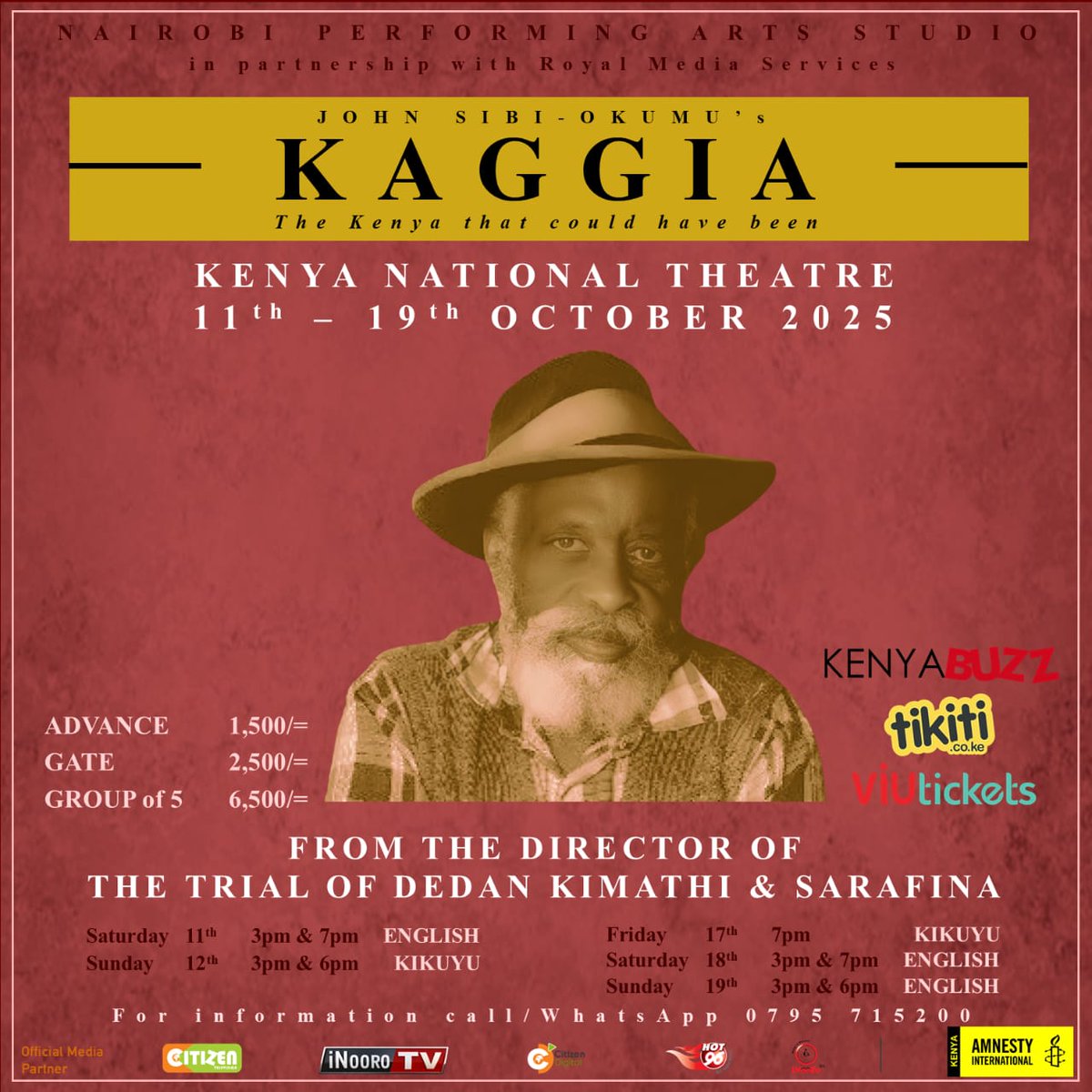 Join us today and tomorrow at the Kenya National Theatre for <a href="/npa_studio/">nairobiperformingartsstudio</a>’s John Sibi-Okumu masterpiece — Kaggia: The Kenya We Could Have Had.
🎭 Sat, 11 Oct: 3PM &amp; 7PM (English)
🎭 Sun, 12 Oct: 3PM &amp; 6PM (Kikuyu)
Don’t miss this powerful retelling of a freedom hero’s story — get