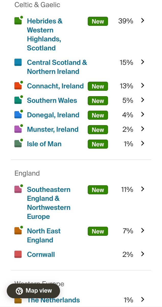 The Ancestral Origins 2025 Update is here on Ancestry, and my DNA results are as follows: