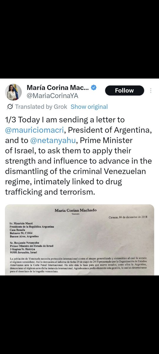 CriticerX's tweet image. Nobel alan Maria Corina Ülkesini işgal 
Etmek için Arjantin ve İsrail&apos;e mektup
Yazmış..
 Bugün, Arjantin Cumhurbaşkanı mauriciomacri&apos;ye ve İsrail Başbakanı netanyahu&apos;ya, uyuşturucu kaçakçılığı ve terörizmle yakından bağlantılı olan suçlu Venezuela rejiminin tasfiyesi için…