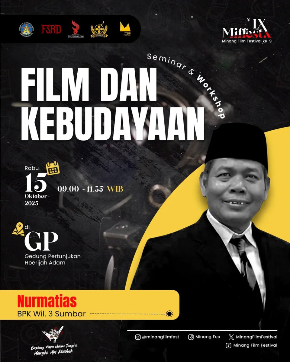 Mifest9's tweet photo. Miffest 9 menghadirkan Bapak Nurmatias (BPK Wilayah 3 Sumbar) dalam seminar workshop bertemakan Film dan Kebudayaan. 
Membahas bagaimana Film menjadi media penting dalam pelestarian dan pengembangan nilai nilai budaya. 
📆 Catat tanggalnya dan jangan lewatkan kesempatan ini. https://t.co/AXC2hX7xvX