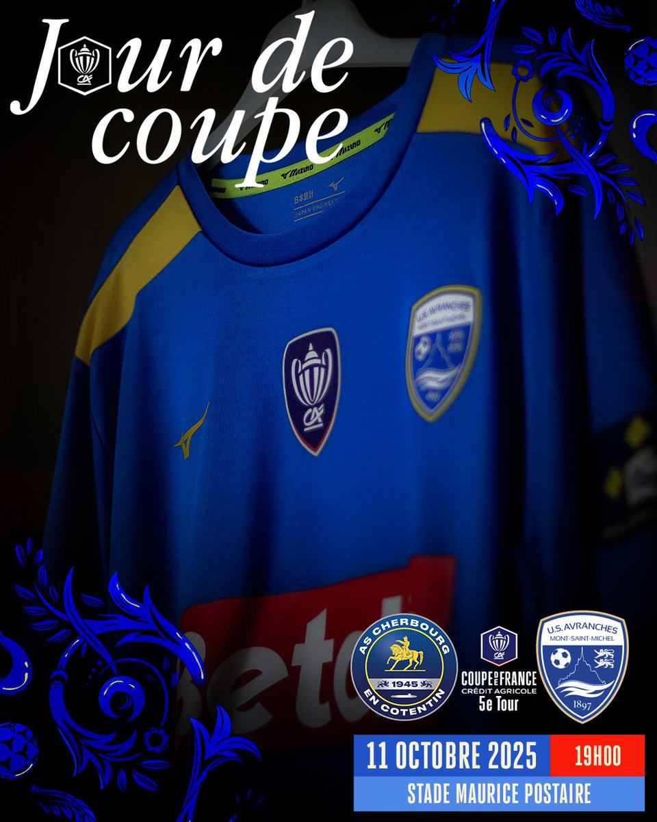 𝐉𝐨𝐮𝐫 𝐝𝐞 𝐂𝐨𝐮𝐩𝐞 !

🆚 AS Cherbourg.
🏆 Coupe de France - 5ème tour.
📅 Samedi 11 Octobre.
🏟️ Stade Maurice Postaire.
⌚️ Coup d’envoi 19h00.