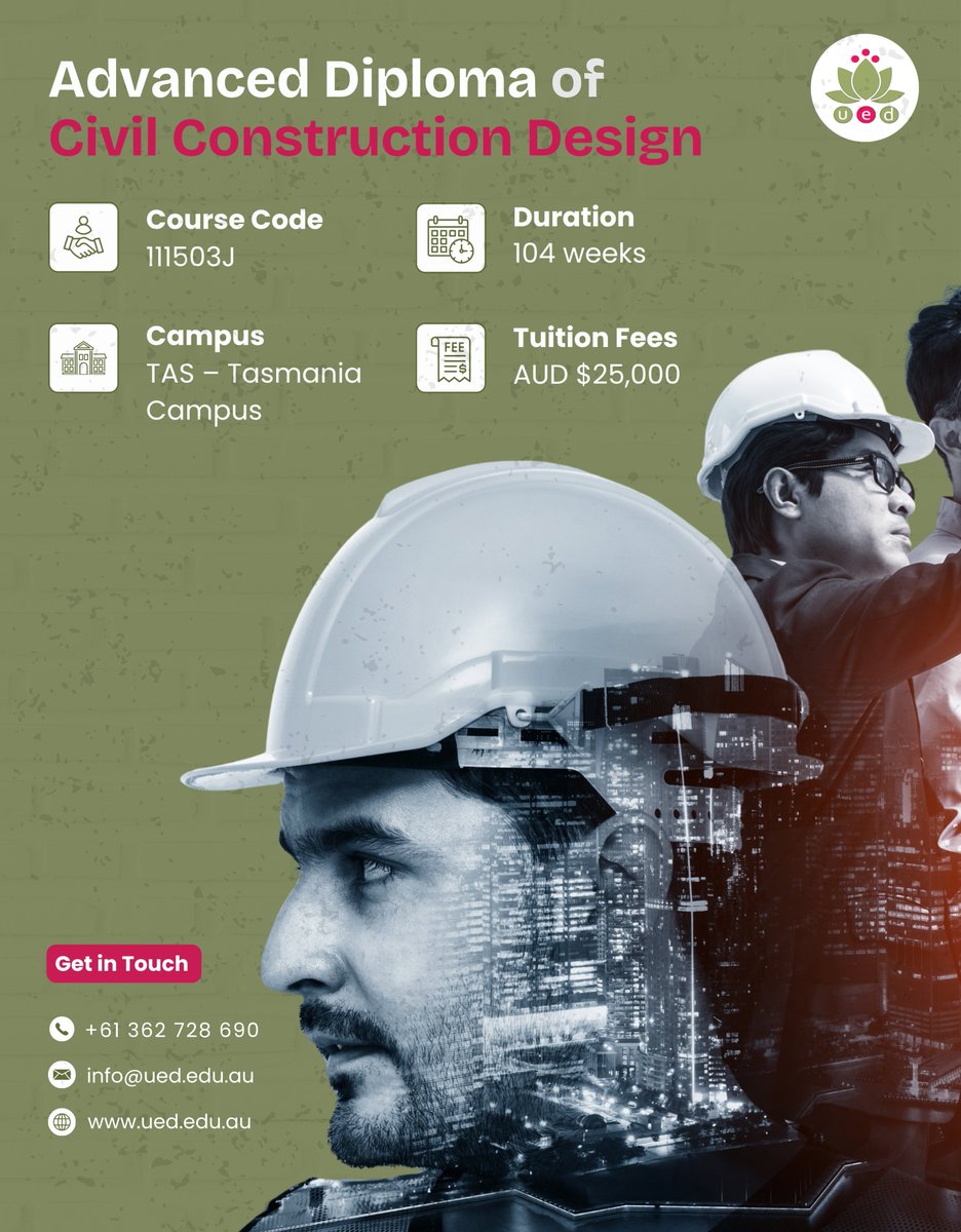 UnitySchoolD's tweet image. Build the foundation of your engineering career with an Advanced Diploma of Civil Construction Design!
📍 Tasmania Campus | ⏳ 104 Weeks | 💰 AUD $25,000

Start designing tomorrow’s 
infrastructure today!
📞 Get in touch: info@ued.edu.au