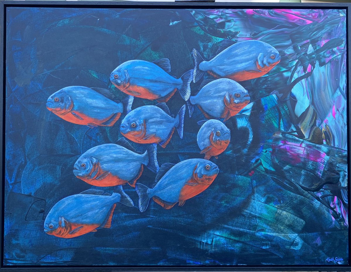 Sold: ‘Piranhas’ - acrylic painting finished with pearlescent highlights and satin varnish. 30” x 40” box canvas. The Piranhas are swimming their way to an absolutely beautiful home in France. #fish #tunbridgewells #langtongreen #seopenstudios
