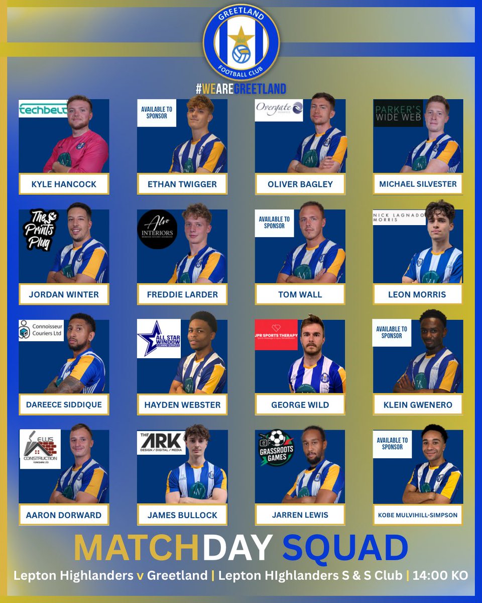 GreetlandFC's tweet image. 📋 MATCHDAY SQUADS 📋

🔵 1sts – Klein Gwenero returns as one of three changes for today’s count cup clash

⚪ Reserves – Two changes to the squad as we look to maintain our winning start

🟡 Academy – Jake walker returns to a team motivated and hungry for our first win