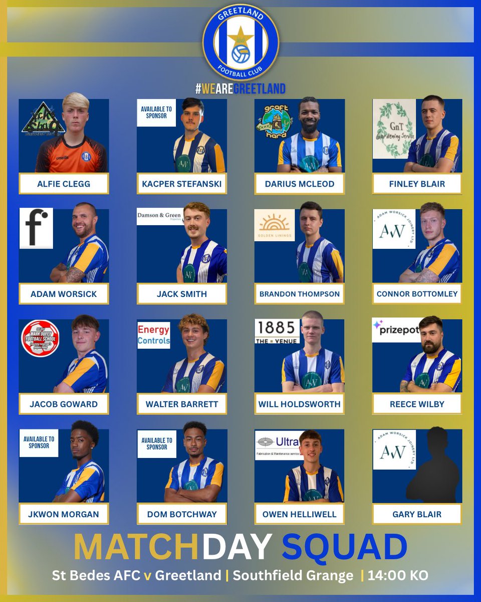 GreetlandFC's tweet image. 📋 MATCHDAY SQUADS 📋

🔵 1sts – Klein Gwenero returns as one of three changes for today’s count cup clash

⚪ Reserves – Two changes to the squad as we look to maintain our winning start

🟡 Academy – Jake walker returns to a team motivated and hungry for our first win