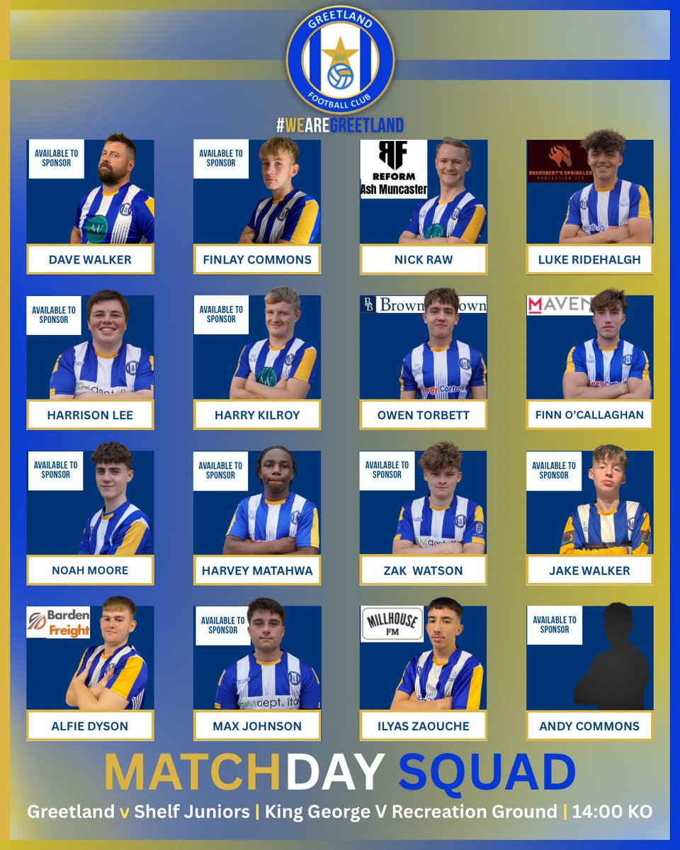 GreetlandFC's tweet image. 📋 MATCHDAY SQUADS 📋

🔵 1sts – Klein Gwenero returns as one of three changes for today’s count cup clash

⚪ Reserves – Two changes to the squad as we look to maintain our winning start

🟡 Academy – Jake walker returns to a team motivated and hungry for our first win