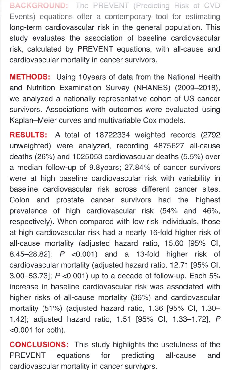 Mamas A. Mamas (@mmamas1973) on Twitter photo Can the Prevent equations be used to assess CV risk in cancer survivors?
Our work led by <a href="/MustafaAjlan/">Mustafa Al-jarshawi</a> suggests that PREVENT equations predict CV mortality in cancer survivors, with close to 1/3 of these persons at high CV risk
Important to assess / mx cardiovascular risk Can the Prevent equations be used to assess CV risk in cancer survivors?
Our work led by <a href="/MustafaAjlan/">Mustafa Al-jarshawi</a> suggests that PREVENT equations predict CV mortality in cancer survivors, with close to 1/3 of these persons at high CV risk
Important to assess / mx cardiovascular risk