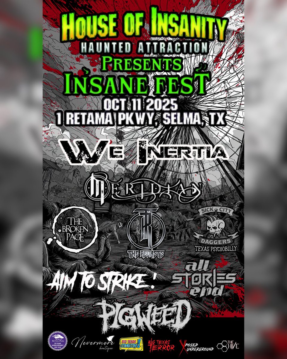 We_Inertia's tweet image. We&apos;re playing the House of Insanity haunted house fest. Come check us out. Bands start @ 2pm. Haunted house doors open @ 8pm. Family friendly. All ages event.