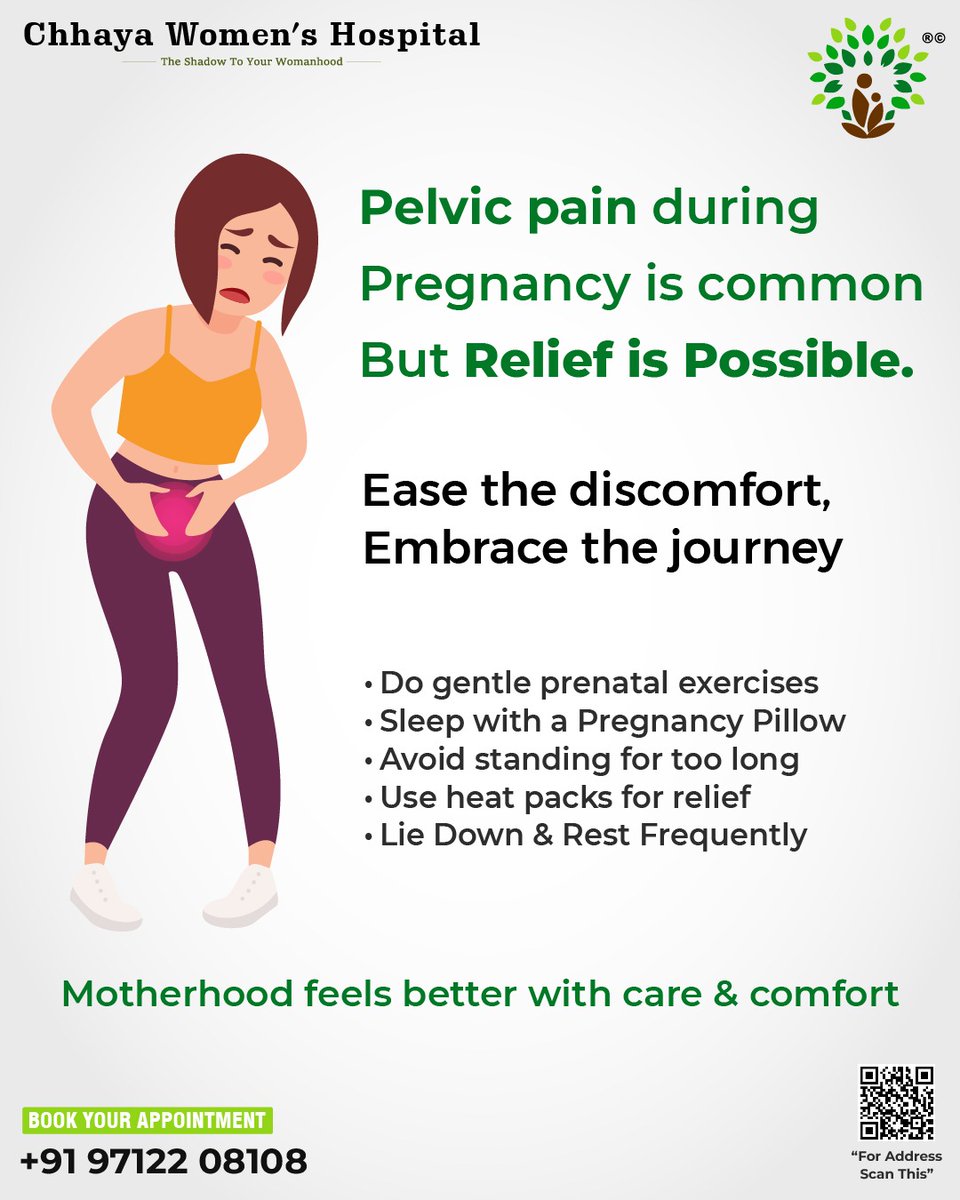 ChhayaWomens's tweet image. Ease the discomfort and embrace the journey! 🤰 💖
Pelvic pain during pregnancy is common, but relief is possible with gentle exercises, proper rest, and care. We’re here to support your comfort every step of the way. 🌸 

#ChhayaWomensHospital #PregnancyCare #PelvicPainRelief