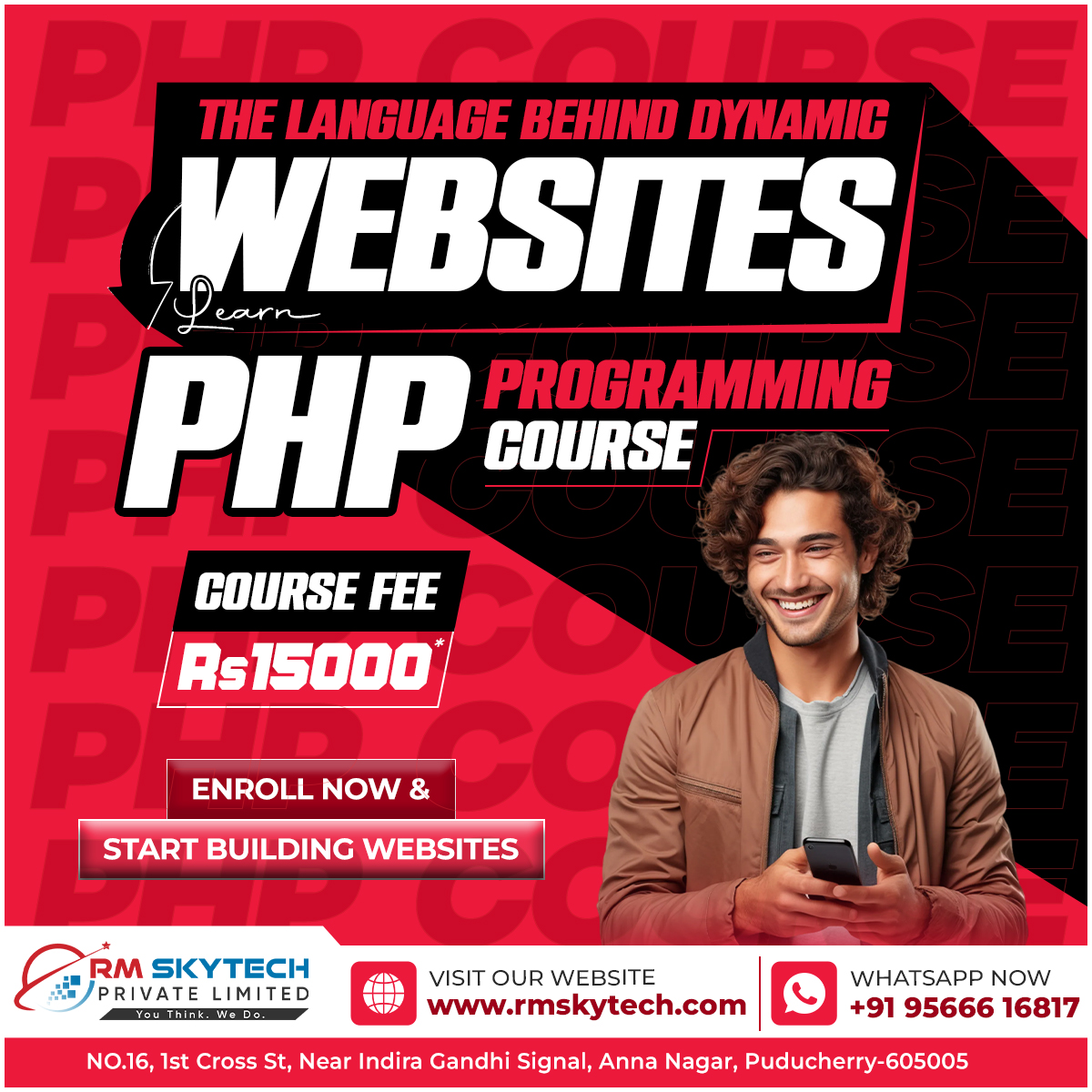 RMSkyTech1's tweet image. Learn PHP Programming: The Language Behind Dynamic Websites | Course Fee ₹15,000* | RM Skytech
#PHPProgramming #WebDevelopment #PHPOnlineCourse #RMSkytech
#LearnPHP #DynamicWebsites #CodingSkills #YouThinkWeDo #BackendDevelopment #StartBuildingWebsites #CourseFee15000