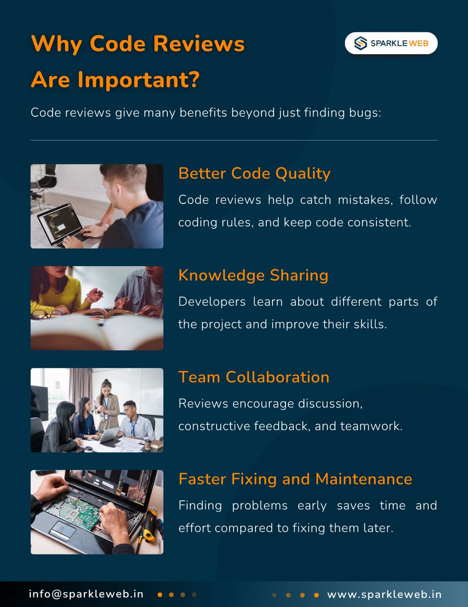 sparklewebdevs's tweet image. Code reviews = Better teamwork + Cleaner code 💻✨
At Sparkle Web, we empower teams to write quality code through collaboration & feedback.
👨💻 Explore how to build a strong code review culture.
#codereview #webdev #softwaredevelopment #cleancode #sparkleweb