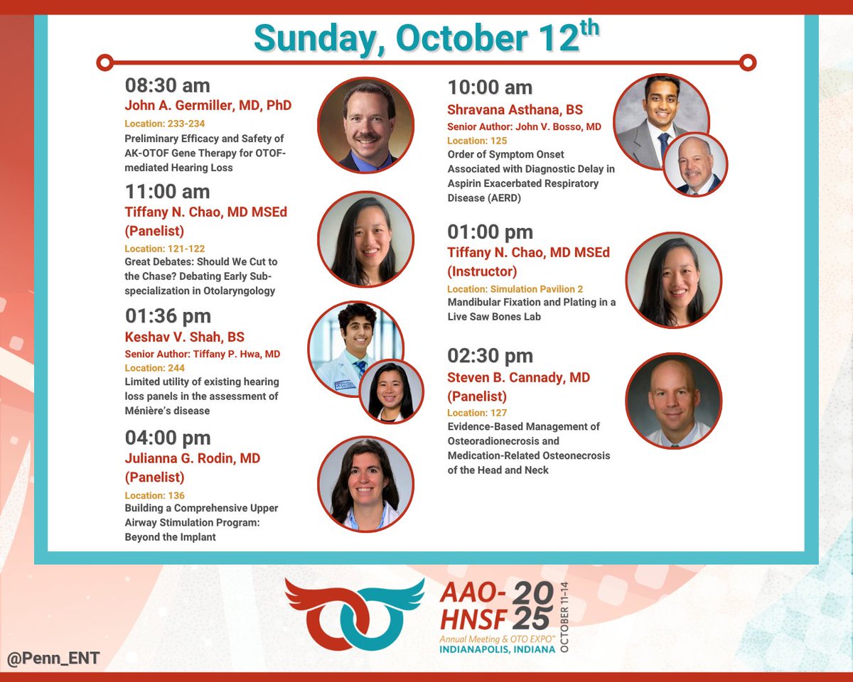 Penn_ENT's tweet photo. Another full day ahead at the AAO-HNS annual meeting! 📅 Our Penn &amp; CHOP faculty are featured in the October 12th sessions, sharing their latest research and expertise. 👏

#AAOHNS2025 #OTOMTG25 #Otolaryngology #WeareOTO #PennSleep https://t.co/wdi1ijmV2t