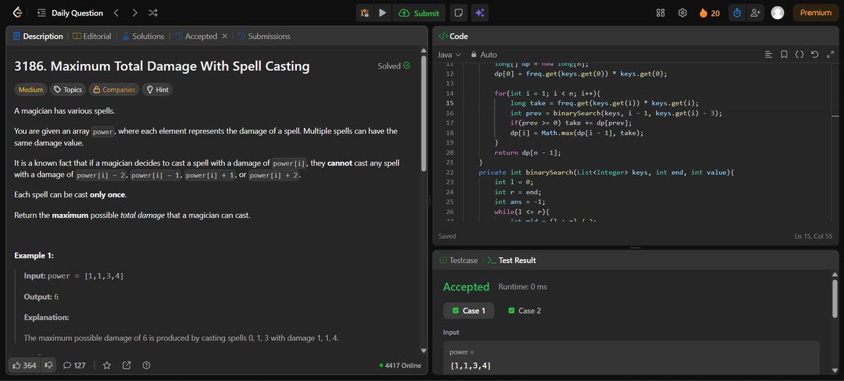 AdarshKumar206's tweet image. Round 2 of #100DaysOfCode
Day 81 of #100DaysOfCode on #leetcode #DSA #LearnInPublic #buildinpublic #remote #connect #remotework #remotejob #java #coding #programming #100daysofcodechallenge #developer #learning #cp     

Problem 3186 : Maximum Total Damage With Spell Casting