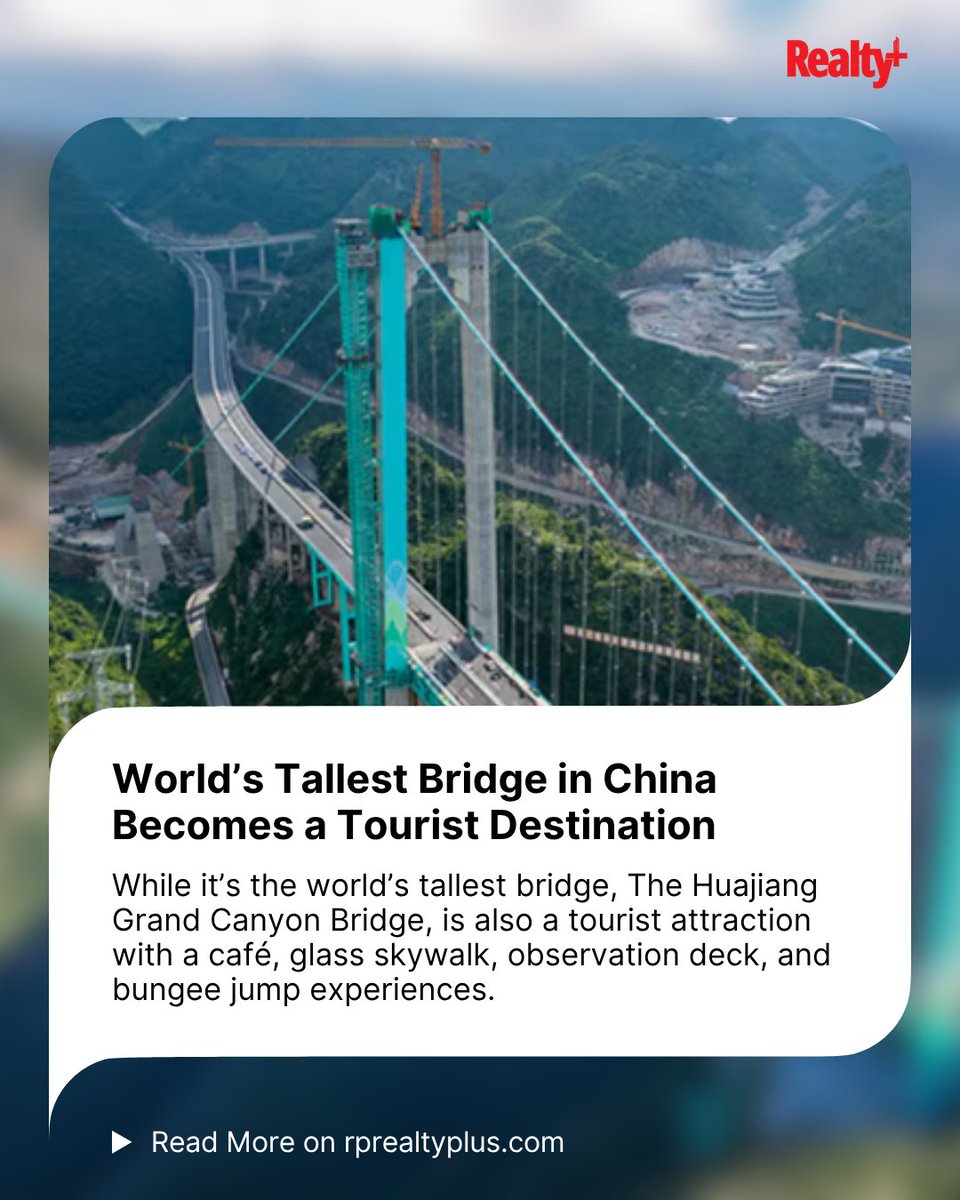 RPRealtyPlus's tweet image. China’s record-breaking Huajiang Grand Canyon Bridge isn’t just an engineering marvel it’s redefining travel with skywalks, cafés, and bungee thrills. Would you dare to visit?

Read more: rprealtyplus.com/international/…

#ArchitectureWonder #ChinaBridge #EngineeringMarvel #TravelGoals
