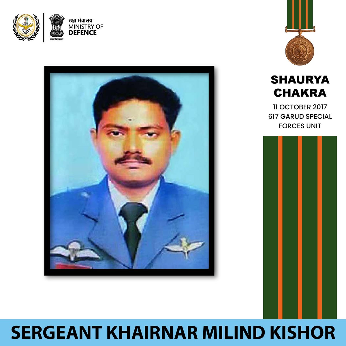 GallantryAward's tweet image. On 11 October 2017, Sergeant Khairnar Milind Kishor was deployed with Rashtriya Rifles in Bandipore, J&amp;amp;K. When five to six terrorists attacked his position, he retaliated and killed one of them single handedly. For his gallantry he was awarded #ShauryaChakra posthumously…