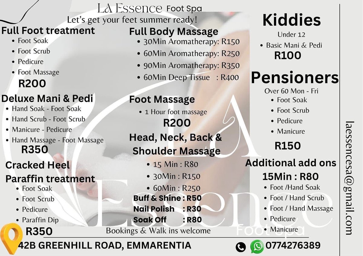 💛

✨ Relax • Refresh • Rejuvenate ✨

🌿 Specials:
💆 Full Body Massage — from R150
💅 Mani + Pedi — R350
👣 Foot Treatment — R200
🌈 Kiddies — R100
🧓 Pensioners — from R150

📍 42B Greenhill Rd, Emmarentia
📲 WhatsApp 0774 276 389
📧 laessencesa@gmail.com