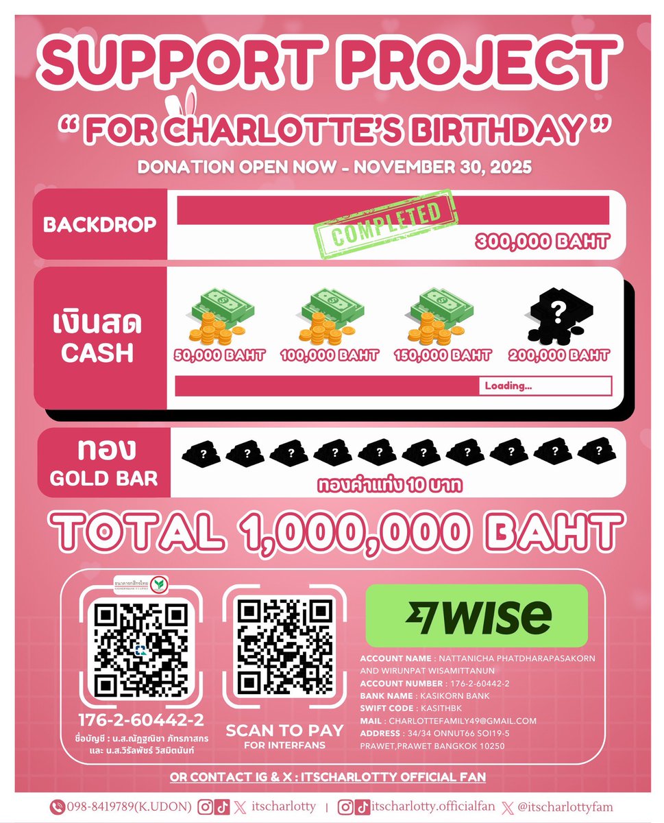 itscharlottyfam's tweet image. 📣Challenge โดเนทครบ 20,000 มียอดสมทบ 10,000 บาท‼️
PROJECT “Charlotte’s Birthday”💗

มาดันยอดให้ถึง 200,000 บาทกันเถอะทุกคน🫶🏻✨

🏦ทุกคนสามารถโดเนทมาได้ที่
ธนาคาร : กสิกรไทย
เลขที่บัญชี : 176-2-60442-2
ชื่อบัญชี : นางสาวณัฏฐณิชา ภัทรภาสกร และ นางสาววิรัลพัชร์ วิสมิตนันท์

SMILEY…