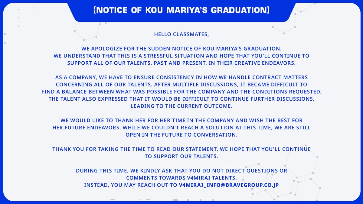 V4Mirai's tweet image. 【Notice of Kou Mariya’s Graduation】
We apologize for the sudden notice of Kou Mariya's graduation. We hope that you'll continue to support all of our talents, past and present, in their creative endeavors.
Our team will share account related details at a later date.