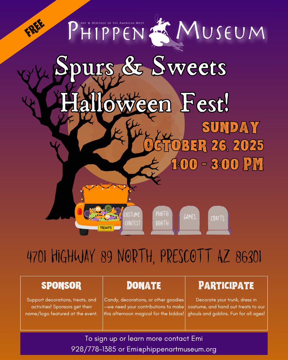 PrescottNOW's tweet image. SPURS &amp;amp; SWEETS HALLOWEEN FEST
Sunday, October 26 • 1-3 p.m.
Phippen Museum - Prescott
Back by popular demand! Spurs &amp;amp; Sweets Halloween Fest is a magical afternoon of costumes, candy, and family fun. Free event.