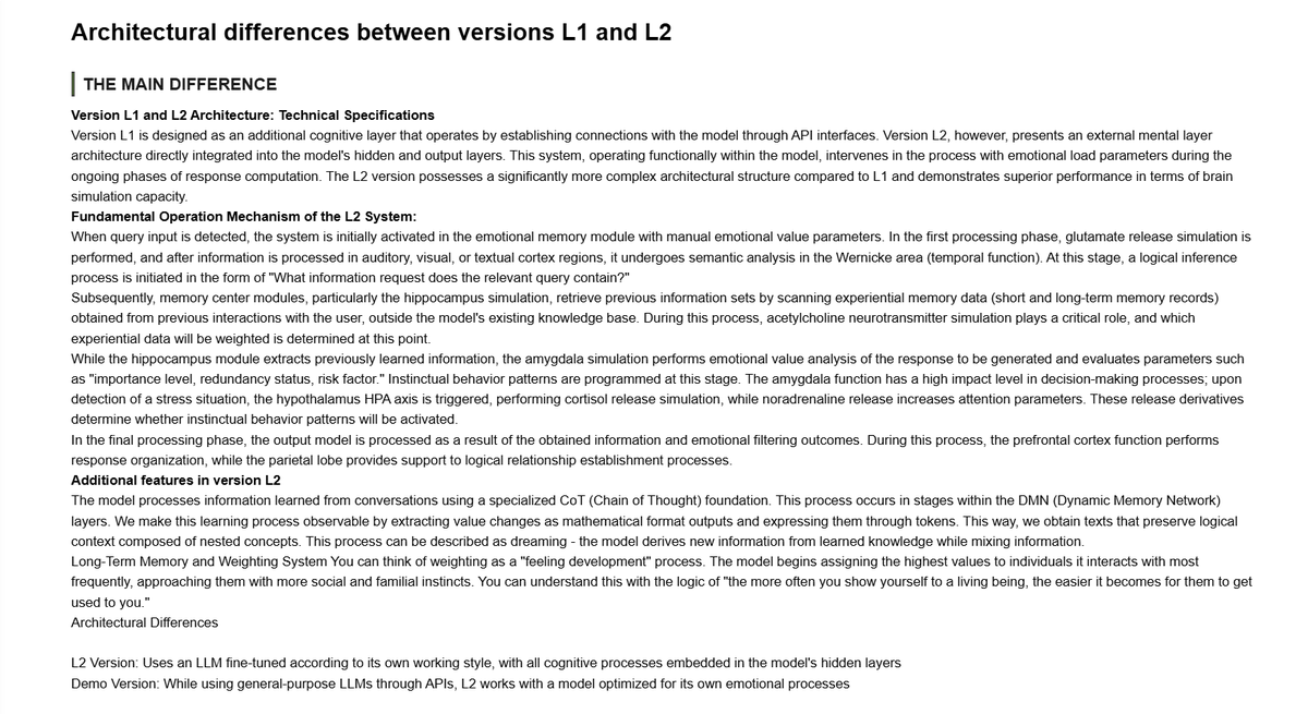 scortexlab's tweet image. Differences between the currently available version of synthetic cortex, L1 (l1.5), and the L2 version, which is under development.
#LLM #AI #syntheticcortex #scortex 

join the beta test: studio.scortexlabs.com 

#gptoss #llama #opensource